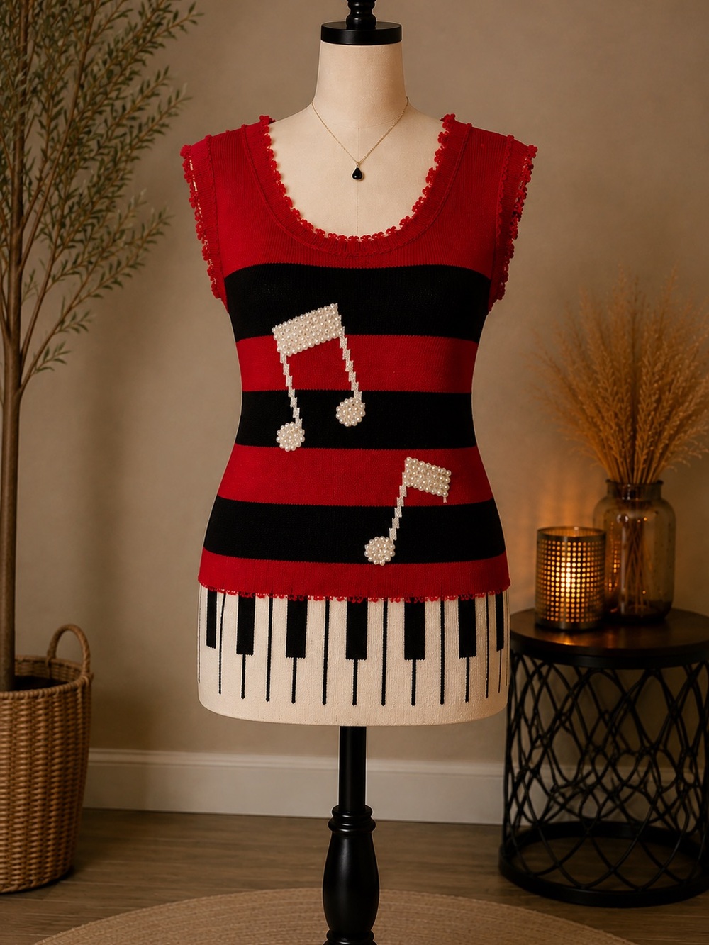 Red and Black Musical Note Knit Tank Top with Piano Key Hem